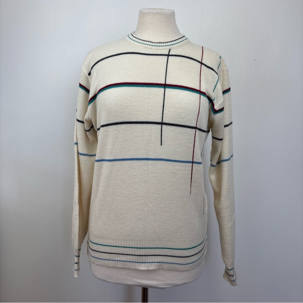 Vintage Par Four Geometric Striped Ivory Knit Crew Neck Sweater Womens Large